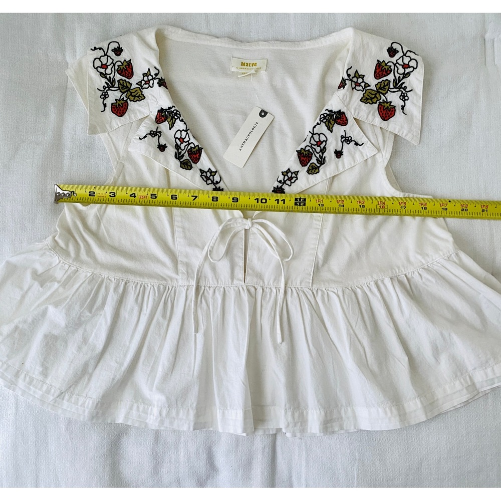 Maeve Anthropologie Strawberry Embroidered Fruit Babydoll Top White Ivory size M - Picture 6 of 16